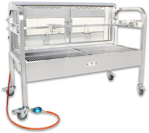 Beeketal 'BSG-120G' Gasgrill Spanferkelgrill aus Edelstahl mit Motor und Spieß (3-fach verstellbar), Gas Brenner mit Piezozündung, Grillwagen mit bremsbaren 360° Rollen, extra Holzkohlewanne