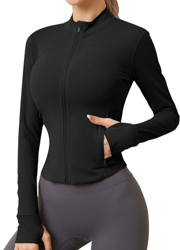 IECCP Damen Sportjacke Laufjacke Langarm Gym Tops Yoga Fitness Sport Oberteile Zwei Reißverschlusstaschen Leicht Trainingsjacke mit Daumenloch