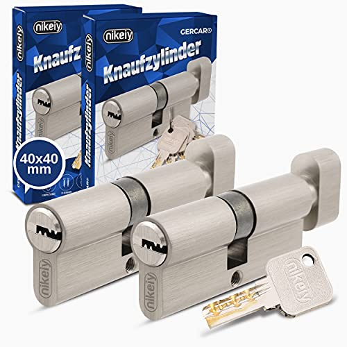 GERCAR Pro Knaufzylinder 40/40 Massiver Schließzylinder gleichschließend mit Knauf - 2er Set Zylinderschloss aus Messing Matt Vernickelt - inkl. 10x Wendeschlüssel - Länge: 80 mm, A:40 B:40-2x