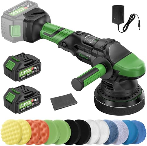 Ginour Poliermaschine Auto 21V, 900W Poliermaschine Akku Set 21pcs, Bürstenlosen Motor 2000-4600 OPM, Exzenter Poliermaschine 15mm 5-Geschwindigkeiten, 125mm Polierschwamm, 3Ah Batterie*2