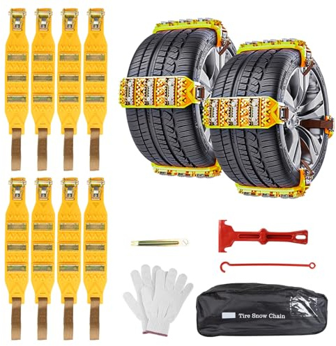 Oziral Schneeketten 8 Stück Anti-Rutsch-Einstellbare Ketten.Einfach Zu Montieren Langlebige Reifen,Dornen erhöhen den Halt Schneekette für Auto mit 165-255 mm Reifenbreite, LKW, SUV,Gelb.