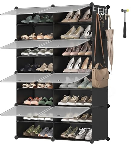 SONGMICS Schuhregal, Schuhschrank, für Garderobe und Eingangsbereich, anpassbar, 8 Fächer, für bis zu 32 Paar Schuhe, tintenschwarz-transparent LPC034B01