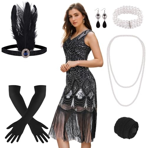 PLULON 1920er-Jahre-Flapper-Kleid. Brüllendes 20er-Jahre-Gatsby-Kleid-Kostüm mit 20er-Jahre-Accessoires