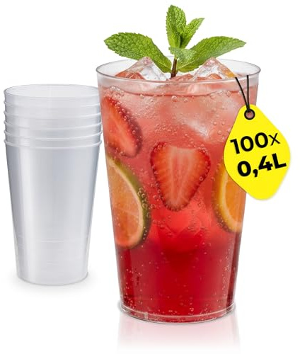 Silverkitchen 100x Plastikbecher 0,4 L – Mehrwegbecher, Trinkbecher aus PP | 400 ml Kunststoffbecher & Plastikgläser, transparent, stapelbar, spülmaschinengeeignet, mit Eichstrich, Made in Germany