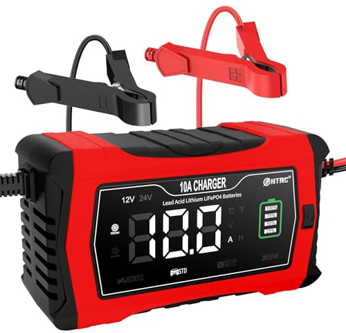 HTRC 10A Autobatterie Ladegerät 12V/24V Automatisch - Batterie Ladegerät für PKW, LKW, Motorrad, LiFePO4, Lithium & Blei-Säure Akkus - LCD Display