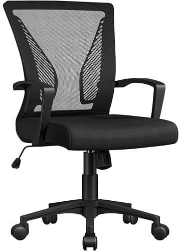 Yaheetech Bürostuhl Ergonomisch, Schreibtischstuhl mit Netzbespannung, Arbeitsstuhl mit Armlehnen, Chefsessel aus Mesh, höhenverstellbarer Computerstuhl 136 kg, atmungsaktiv, Wippfunktion Schwarz