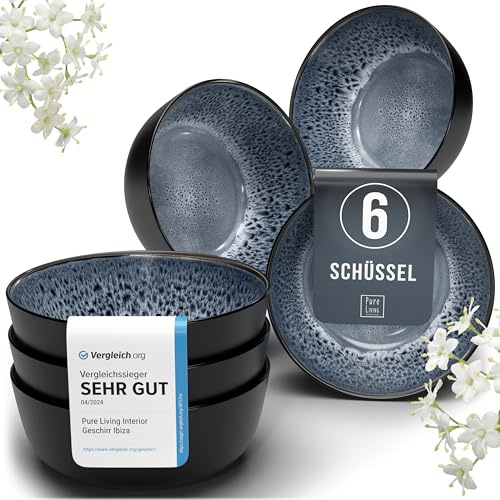 Steingut Müslischalen 6 Personen Ibiza, Traumhaftes Mediterranes Steingut Müsli Schüssel Set, Kleine Schüssel, Müslischale - Pure Living in Graublau
