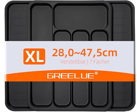 GREELUE (28-47,5CM XXL Besteckhalter für Schubladen, Verstellbarer Besteckeinsatz, Schubladen organizer küche für Löffel, Gabeln, Messer, Groß (Schwarz)