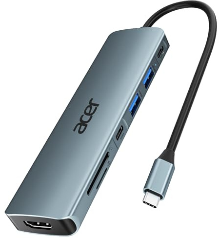 acer USB C Hub, 7IN1 USB-C auf 4K HDMI, 2xUSB 3.0, 1x Typ C 5Gbps, 100W PD, SD/TF Katenleser, Aluminium Docking Station Multiport Adapter für iPhone 15/16 Serie,MacBook/iPad Pro/Air,S24,Surface usw.