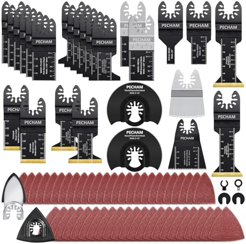 PECHAM 128 Stück Multitool Sägeblätter, Titanium Oszillierwerkzeug Zubehör inklusive Schleifpads, universell für Holz, Metall und Kunststoff, passend zu den meisten Oszillierwerkzeugen