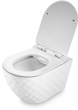 Wand-WC Hänge-WC Set Weiß Struktur - Keramik Tiefspüler mit Softclose-Sitz | Spülrandlose Hänge-Toilette inklusive Absenkautomatik. Komplettset mit Schallschutz & reinigungsfreundlicher Beschichtung.