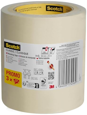 Scotch Kreppband Classic, Promo Pack, 3 Rollen, 36 mm x 50 m – Hochwertiges Abklebeband für vielseitigen Einsatz, Premium Malerkrepp für Malerarbeiten und Dekoration, 70% PEFC-zertifiziert