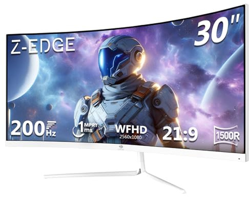 Z-Edge 30 Zoll Ultrawide Curved Gaming Monitor 200Hz (DP) 165Hz (HDMI) 1ms MPRT, 2560x1080 VA Panel, 21:9 R1500 Curved Bildschirm, 99% sRGB, 300cd/m² Helligkeit, FreeSync, HDMI & DisplayPort, Weiß