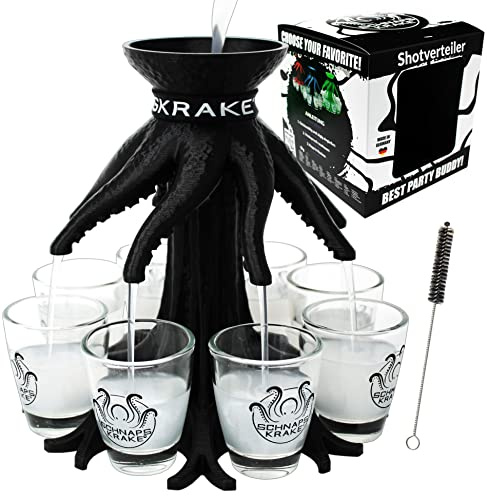 Schnapskrake ® - Das Original - Getränkeverteiler für 8 Personen - 40 Geburtstag Geschenk - Bar Butler - Ausgiesser - Einschenker (schwarz, inkl. Gläser)