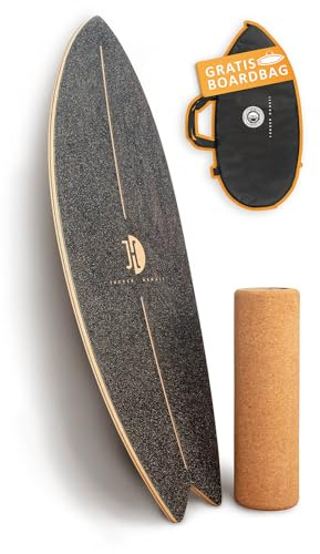 JUCKER HAWAII Surf Balanceboard Ocean Rocker Black | Balance Board mit einmaligem Rocker Shape | Balance Board aus Holz inkl. Korkrolle | Surf Balanceboard