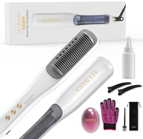 ALLBASA Professionelles Dampf-Glätteisen – Glättbürste mit Dampf für Haare, 4 einstellbare Temperaturen, 160℃–210℃, Glätteisen mit Dampf-Technologie (Weiß, Dampf-Glätteisen)