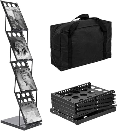 KEBMCHN A4 Broschüre Magazin Katalog Literatur Display, Katalogständer Tragbar aus Metall, Schwarz, Inkl Lochdesign mit Tasche, faltbare Prospektständer Zeitschriftenständer Flyerständer (schwarz)