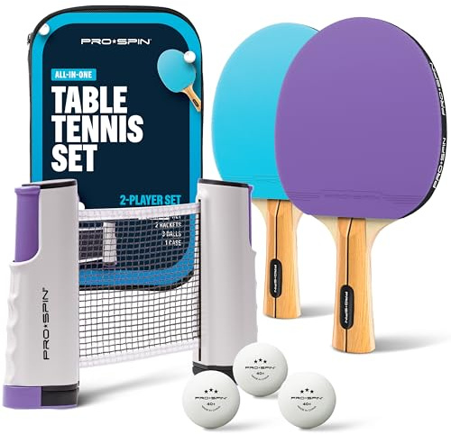 PRO-SPIN Tischtennisschläger Set - Mit Tischtennisnetz Für Jeden Tisch, Tischtennis bälle 3-Sterne, Tasche/Hülle | Ausziehbares Mobiles Tischtennis Netz (Blau|Lila, Set für 2 Spieler)