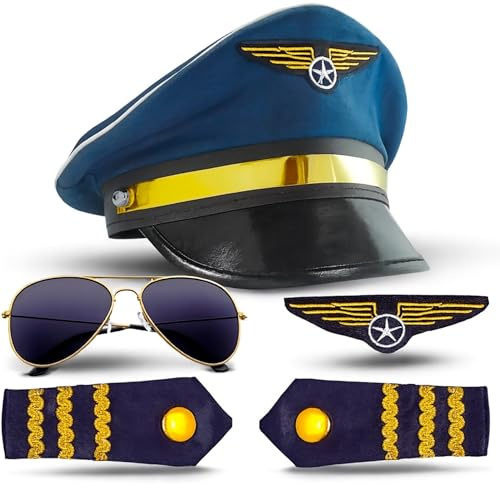 Pilot Set Kapitän Fasching Karneval für Herren Kostüm mit Schulterklappen Streifen, Pilotenhut, Pilotenmütze, Abzeichen für Pilotenkostüm