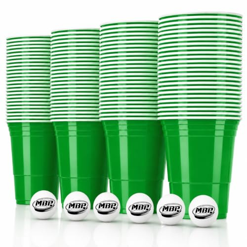 MYBEERPONG® Party Cups Grün 100 Stück + 6 Bälle 473 ml / 16 oz – BPA-freie stabile Plastikbecher Mehrweg Partybecher für Beer Pong, Geburtstag, Festival, BBQ & Party