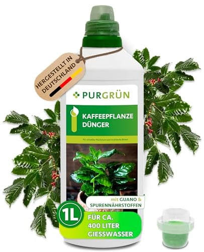 Purgrün® Kaffeepflanze-Dünger 1 Liter – Schnelles Wachstum & prächtige Blüten dank Guano – Premium-Flüssigdünger mit Spurennährstoffen – Stärkt die Widerstandskraft – Für 400 Liter Gießwasser
