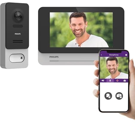 Funk-Video-Türsprechanlage, Philips WelcomeEye Wireless, 7 Zoll, App | 350 m Funk, 1080p, 130°, 7-Zoll-Touchscreen, Akku bis 8 Mon. bei 1 Ruf/Tag, 8-GB-microSD, 2,4/5-GHz-WLAN