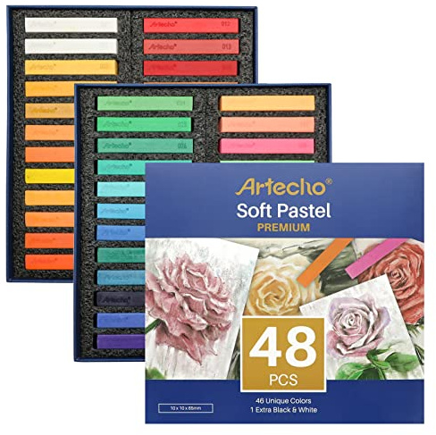Artecho Pastellkreide 48er Premium Set, 46 Farben Darunter 4 Fluoreszierende Farben, Extra Schwarz & Weiß, Ideal für Künstler, Hobbymaler, Schule, Kunstunterricht.