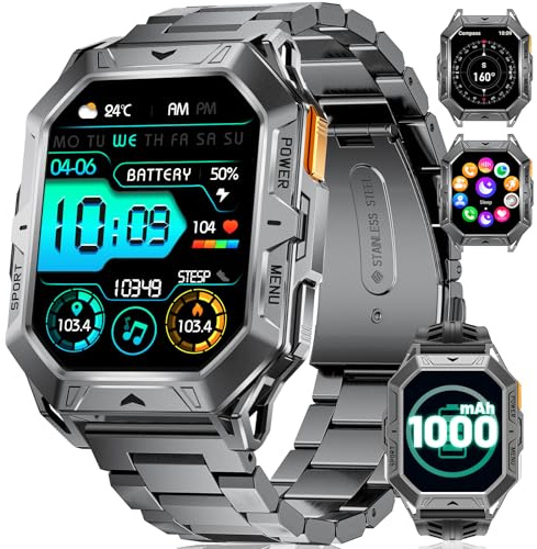 Smartwatch Herren Militär, 2.13 AMOLED mit 256 MB,1000mAh Akku, Barometerdruck/ Höhenmesser/Kompass, Smart Watch mit Telefonfunktion, 100+ Sportmodi Fitness-Tracker, 10ATM Wasserdicht für Android iOS
