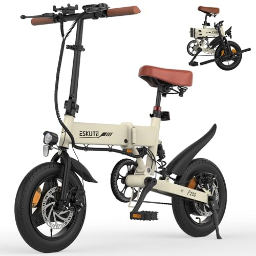 ESKUTE E Bike Herren F200, 14 Zoll Klapprad Elektrofahrrad, 36V 7.8Ah Akku Lange Reichweite bis 35-50KM, Mini Faltbike mit Handyhalterung & USB-Ladeanschluss, E-Mountainbike, Cremeweiß