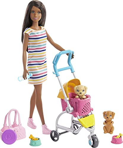 Barbie GHV93 Hundebuggy Spielset Puppe, 2 Hündchen und Wagen für die Hündchen