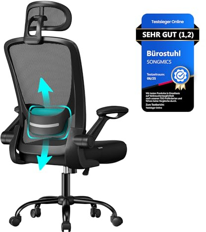 SONGMICS Bürostuhl ergonomisch, Drehstuhl mit Mesh, Lenden- und Kopfstütze, Wippfunktion, 53 cm große Sitzfläche, klappbare Armlehnen, Arbeits- und Schlafzimmer, Studenten, tintenschwarz OBN047B01