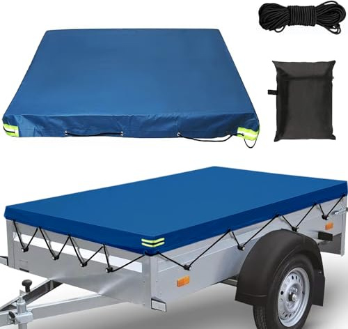 Anhängerplane Flachplane 207x114x10cm Abdeckplane für Anhänger mit 8M Planenseil Reflexstreifen Ösen Verstärktes 420D Oxford Material Wasserfest Winddichte für PKW Autoanhänger Blau