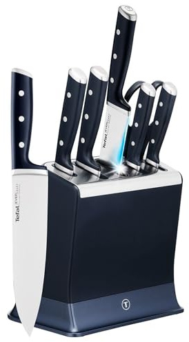 Tefal EverSharp Pro 6-teiliger Messer-Block, patentierte Schärftechnologie, selbstschärfender Messerblock, Verriegelungssystem, deutscher rostfreier Edelstahl, Blau, K297S744