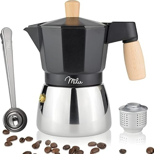 Milu Espressokocher Induktion geeignet | 3, 6, 9 Tassen | Aluminium/Edelstahl Mokkakanne, Espressokanne, Espresso Maker inkl. Löffel, Bürste (Schwarz, 3 Tassen (150ml)