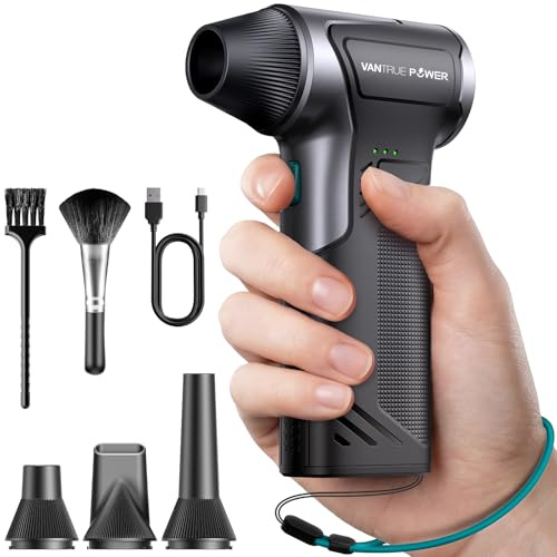 VANTRUE POWER T150 Elektrisches Staubgebläse, 110.000 RPM, 3-Gang | Electric Air Duster für PC Reinigung, Tastatur, Auto, Haushalt, 3.5h Schnellladung, Handschlaufe, 4 Düsen, 2 Brüsten, 208g