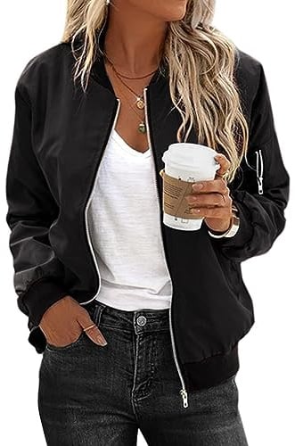 Zeagoo Blouson Damen Schwarz Leichte Kurze Bomberjacke Fliegerjacke Pilotenjacke Basic Herbst Bomber Jacket Frühlingsjacke L