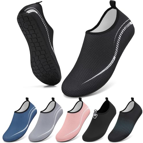 BARFULKER Badeschuhe Wasserschuhe für Damen Herren Kinder Schnell Trocknend Aquaschuhe rutschfeste Strandschuhe Surfschuhe Schwimmschuhe Barfußschuhe Beach Pool Unisex(Linien Schwarz 43 EU)