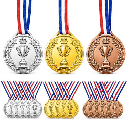 AHEJIOO 18 Stuck Medaillen Kinder mit Band, Gold Silber Bronze Medaillen Set für Wettbewerbe und Parties, Glory Auszeichnungen für Sieger, 3.5cm Durchmesser + 75cm Band