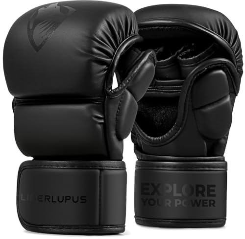 LIBERLUPUS MMA Handschuhe Sparring– Offene Handfläche für Sandsackhandschuhe, Kickboxen, Boxsack Training – Strapazierfähiges Kunstleder mit Handgelenkstütze (schwarz, S-M)