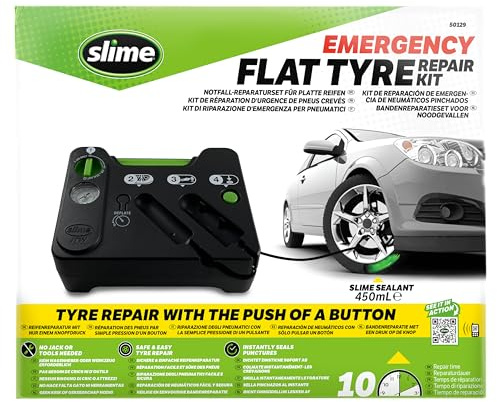 Slime 50129 Flat Tyre Repair Kit, Notfall-Reifenreparatur bei Pannen, inkl. 450mL Dichtmittel und Kompressor, Reparatur auf Knopfdruck, für PKWs und andere Straßenfahrzeuge, Reparatur in 10 Minuten