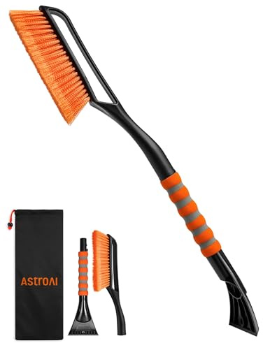 AstroAI Eiskratzer Auto mit Besen Schneebesen Abnehmbarer 68CM Lang mit große Kante Borsten & Ergonomischem Schaumstoffgriff & Langlebiger Scheibenkratzer lackschonend für Auto Orange