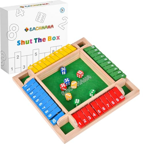 EACHHAHA Shut The Box 4-Spieler,Klappbrett Spiel,Würfelspiel aus Holz,Brettspiel aus Holz,Brettspiele ab 7 8 9 10 + Jahre,Reisespiele,Traditionelle Kneipenspiele（Bunt）