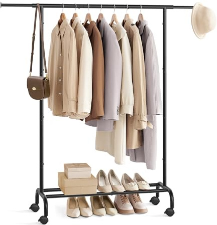 SONGMICS Kleiderständer auf Rollen, ausziehbare Kleiderstange, Garderobenständer aus Stahlrohren, erhöhte Ablagestange, 40 x (83-120) x 156 cm, tintenschwarz HSR134B01