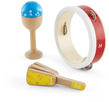 Hape Junior Percussion Set – 3-teiliges Holz-Musikset mit Tamburin, Maraca & Klapper, Musikspielzeug ab 12 Monaten