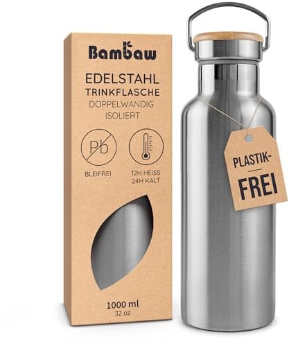 Bambaw Isolierte Wasserflasche 1l Edelstahl, Metall Trinkflasche 1l Spülmaschinenfest, Trinkflasche Edelstahl 1l, Breite Öffnung für Teefilter & Einfaches Reinigen, Doppelwandig & Dicht (Silber)