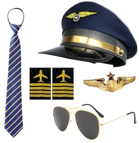 songyea Pilot Kapitän Kostüm Zubehör, Piloten Kostüm Herren Kit mit Pilot Kapitän Hut, Sonnenbrille, Krawatten, Bestickter Schulteraufnäher und Anstecknadeln, für Mottoparty Cosplay