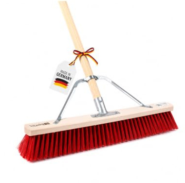 Profi Besen Straßenbesen 60cm mit Stiel 160cm Holzstiel rote Borsten Stabi | Spezieller Stielstabilisator/Zusatzhalterung, Besenstiel Ø28mm, Robuste Dichte Kunststoff-Borsten