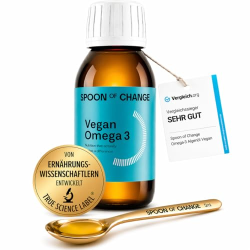 Premium Omega-3 Algenöl (2900mg pro Tag) - DHA & EPA - Kein Fischgeschmack - Frisch-Zitroniger Geschmack - Hochdosiert - Triglycerid-Form - Laborgeprüft - Mit Vitamin D3 - Spoon of Change®