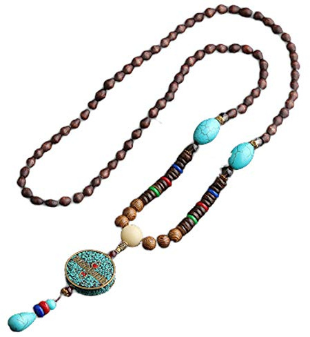 EXINOX Lange buddhistische Halskette mit Holzperlen | Ethnischer Buddha | Damen |, Edelstahl, Perle