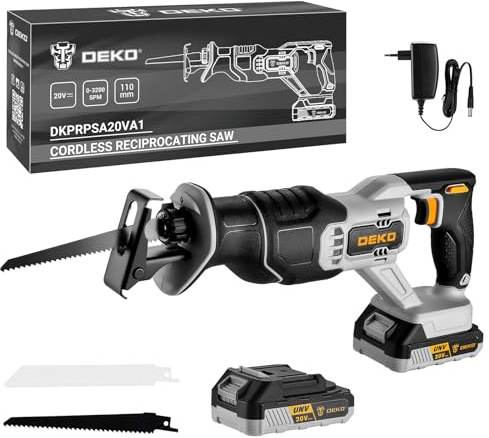 Säbelsäge Akku: DEKOPRO 20V Elektrischer Fuchsschwanz mit 1 * 2Ah Akkus und 2 Klingen, werkzeugloser Klingenwechsel, 3200 SPM variable Geschwindigkeit, 20 mm Hublänge, LED-Licht für Holz/Metall/PVC